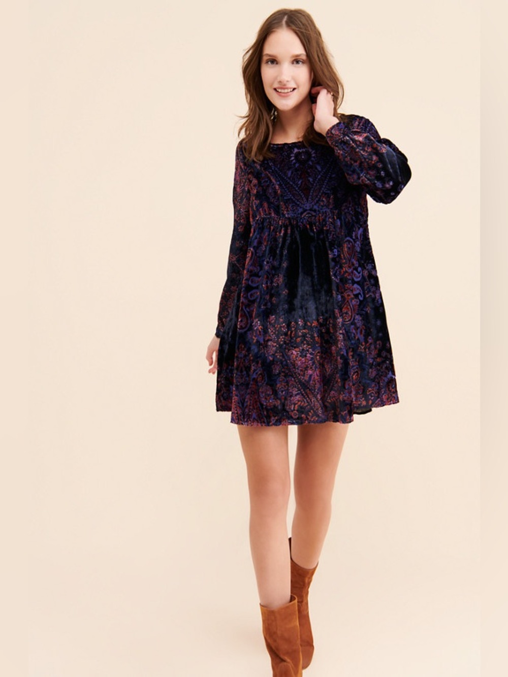 Free People Velvet Paisley Long-Sleeve Mini Dress in Purple Navy Medium